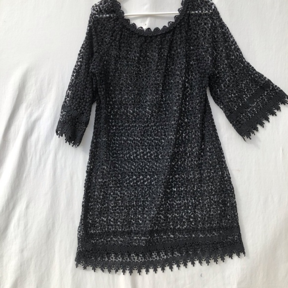 Black cotton lace dress A shape long bell sleeve